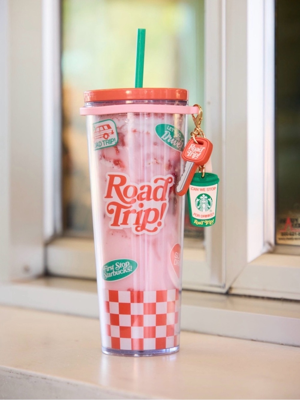 Starbucks Dandy Pink and Coral Road Trip! Checker Tumbler with Charms